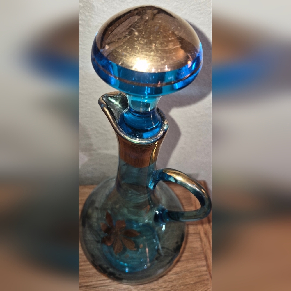Wine Decanter Bohemian Glass Hungarian Teal Gold Leaf Vintage - Picture 2 of 5